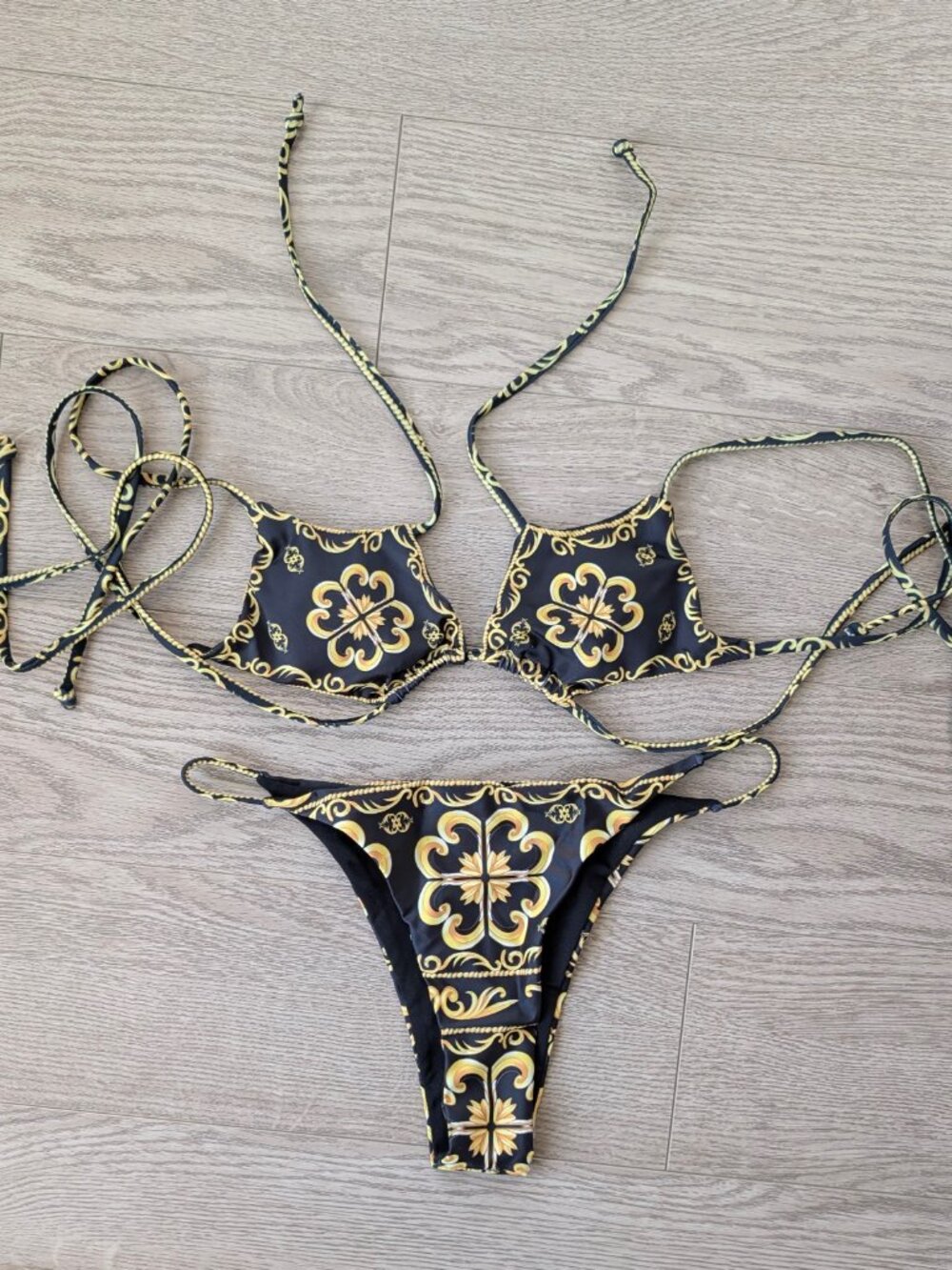 NWT Baroque Gold Print Open Bust Bikini Set | Size Small
